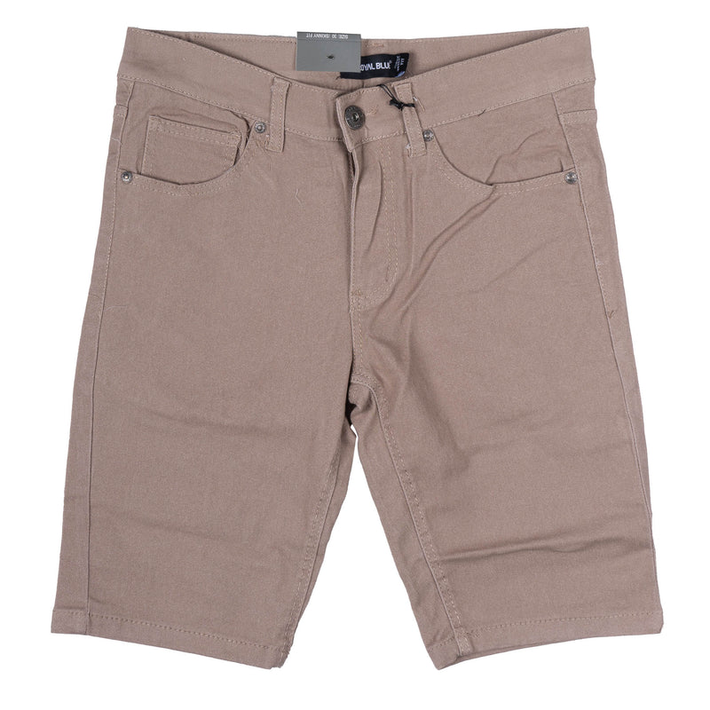 Beige twill stretch skinny shorts with classic five-pocket design and silver-toned hardware in denim material