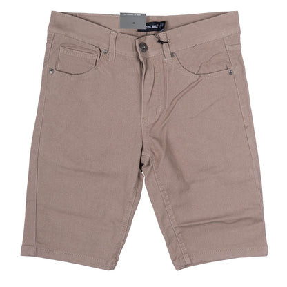 Beige twill stretch skinny shorts with classic five-pocket design and silver-toned hardware in denim material