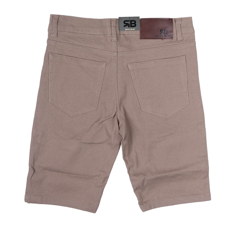 Beige twill stretch skinny shorts with subtle texture and two back pockets featuring branded waistband labels
