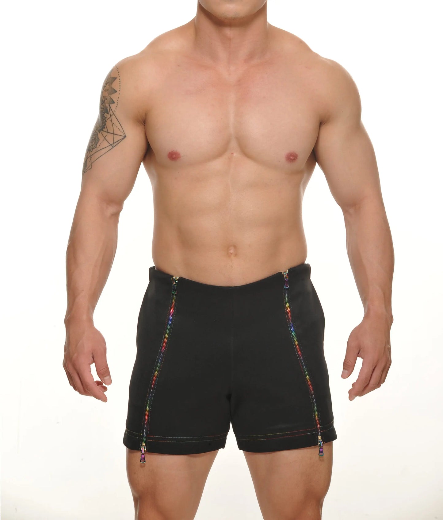 Tyler zipper short black shorts with rainbow-colored zippers running down the sides for casual wear
