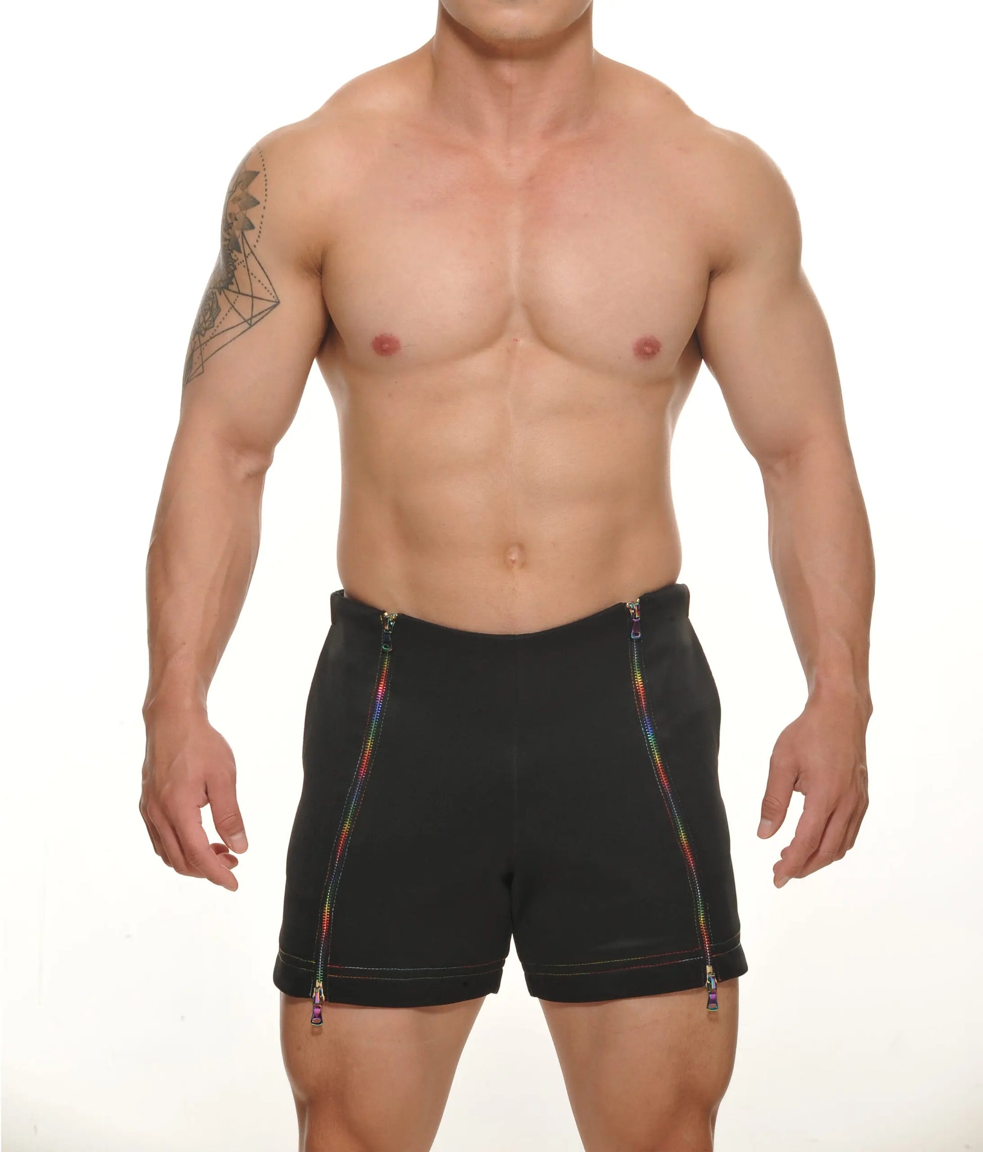 Tyler zipper short black shorts with rainbow-colored zippers running down the sides for casual wear