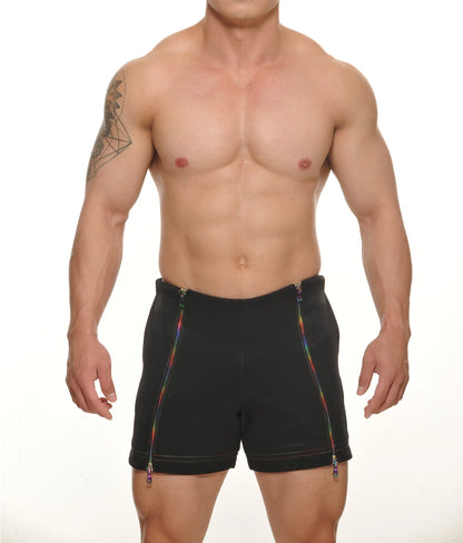 Tyler zipper short black shorts with rainbow-colored zippers running down the sides for casual wear