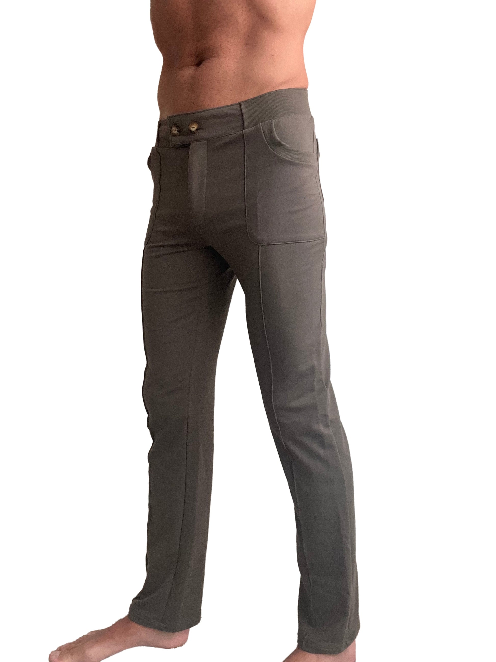Dark olive green tactical urban at home dress pant with multiple cargo pockets and button closure for yoga wear