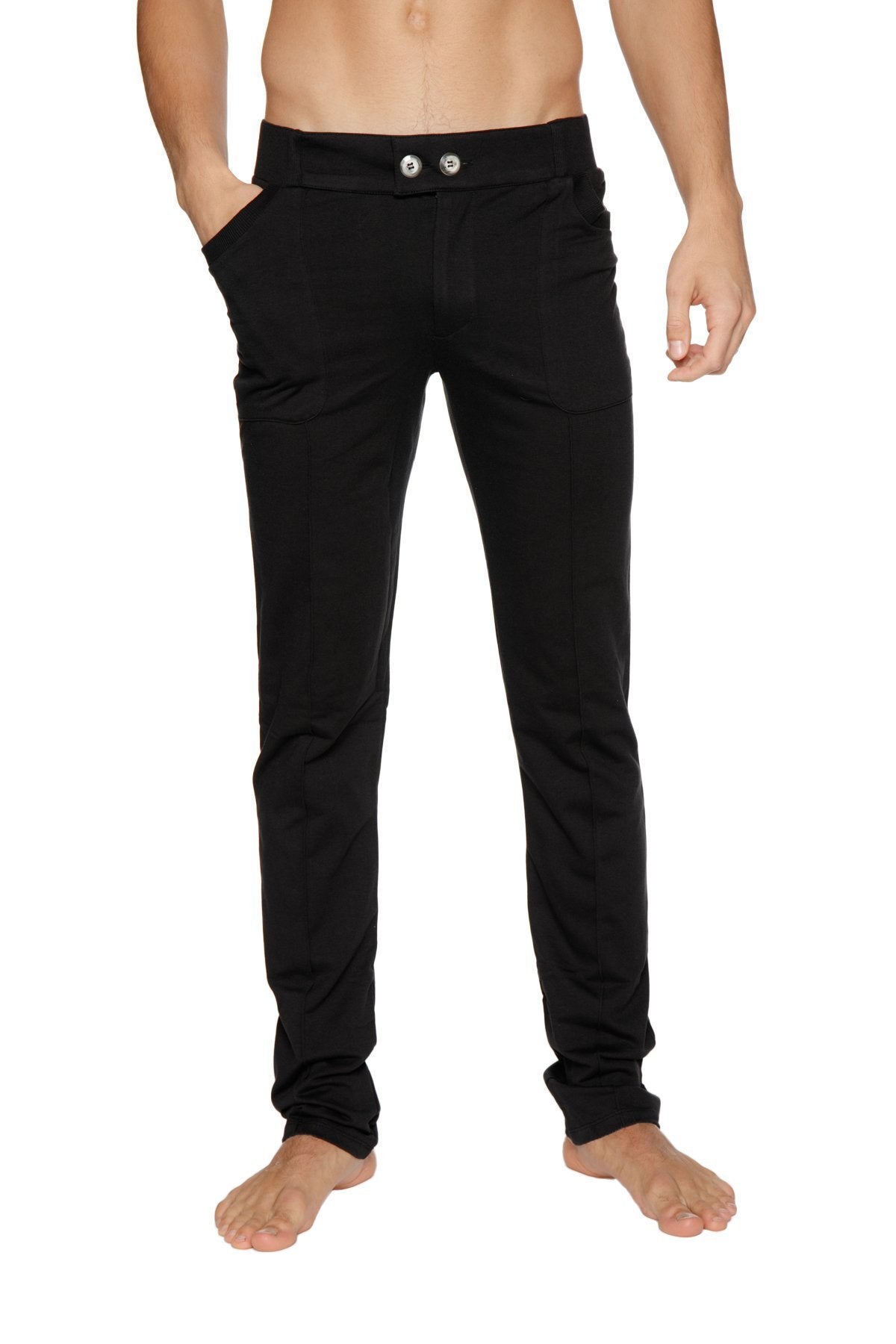 Black tactical urban at home dress yoga pant with slim fit sleek design and silver toned button closures at waist