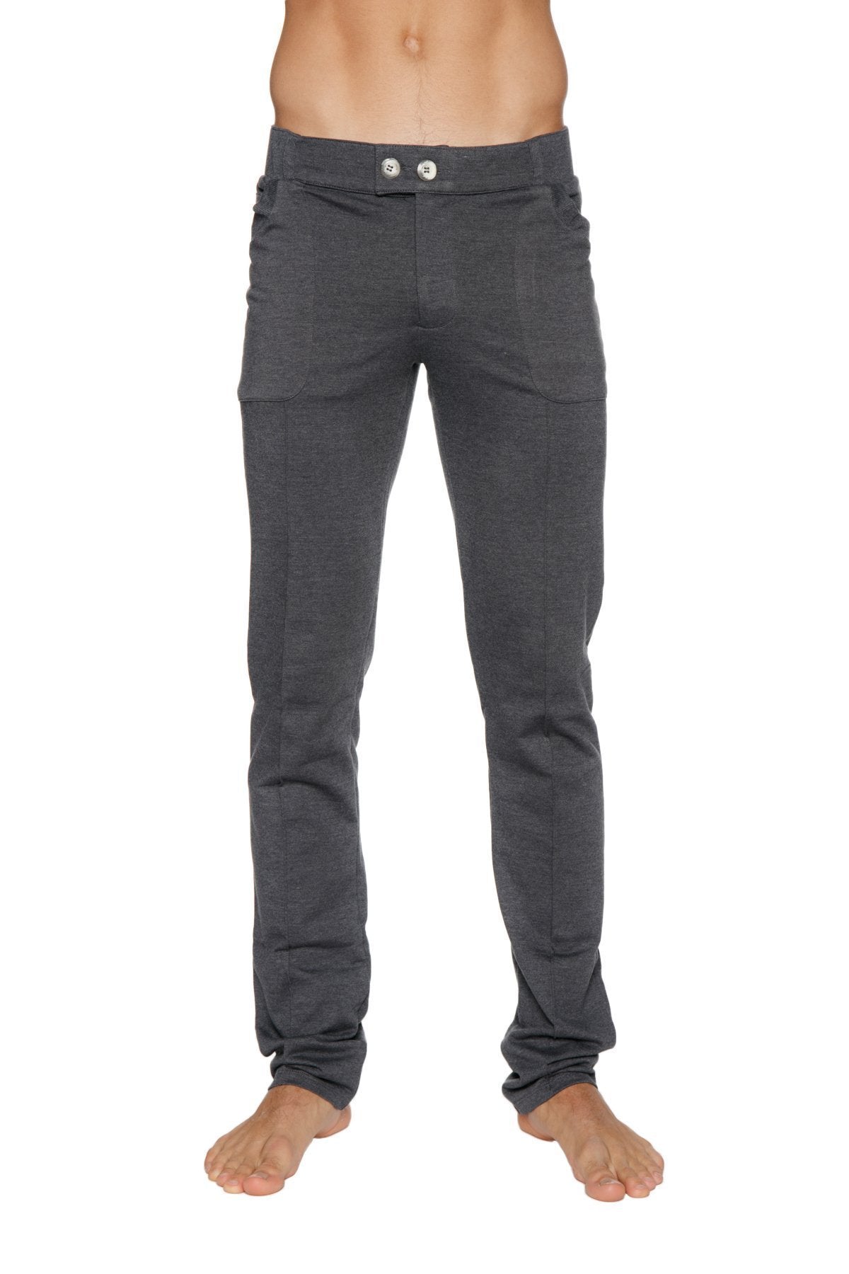 Dark gray slim-fit tactical urban at home dress pant yoga pants with soft stretchy fabric and two silver buttons