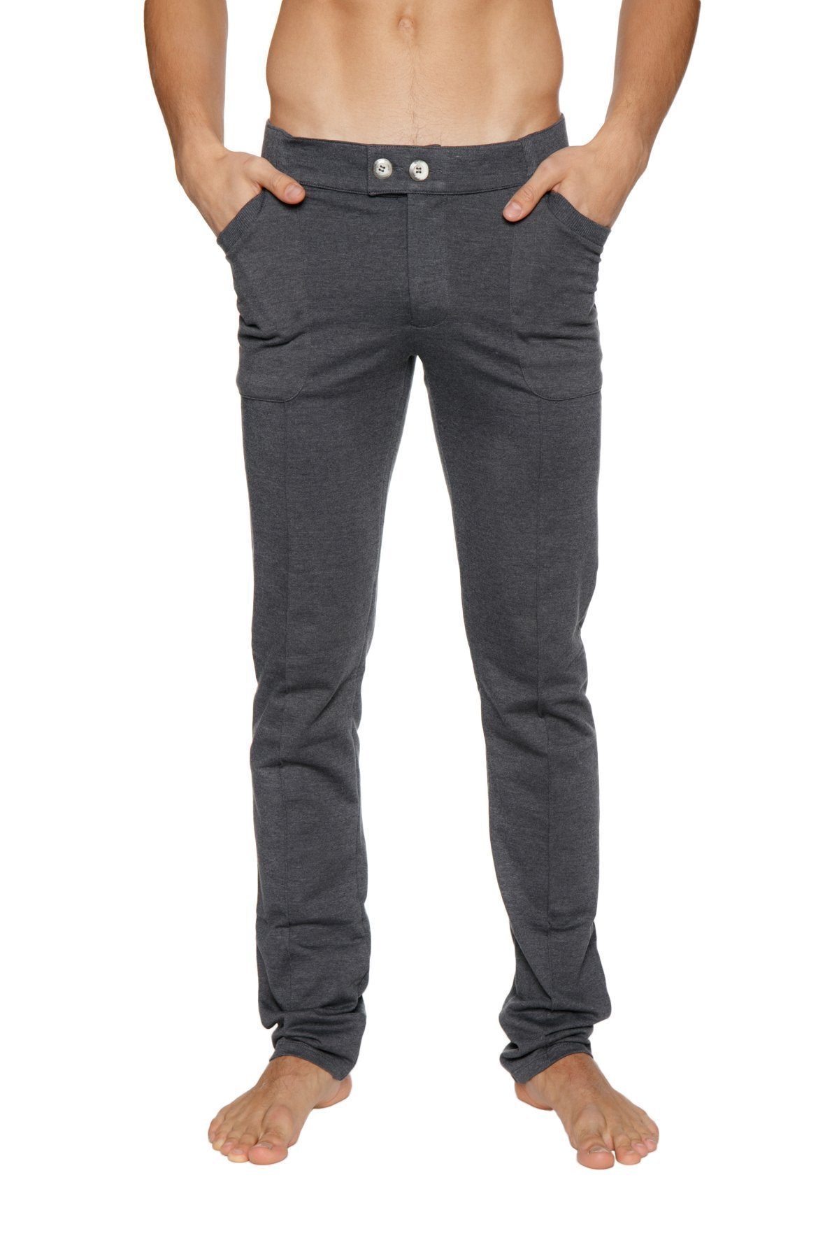 Dark gray tactical urban at home dress pant yoga pant with soft fabric and two white buttons at the waistband