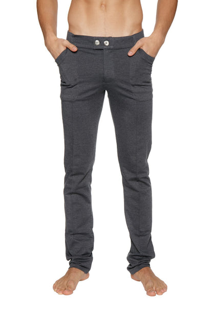 Dark gray tactical urban at home dress pant yoga pant with soft fabric and two white buttons at the waistband