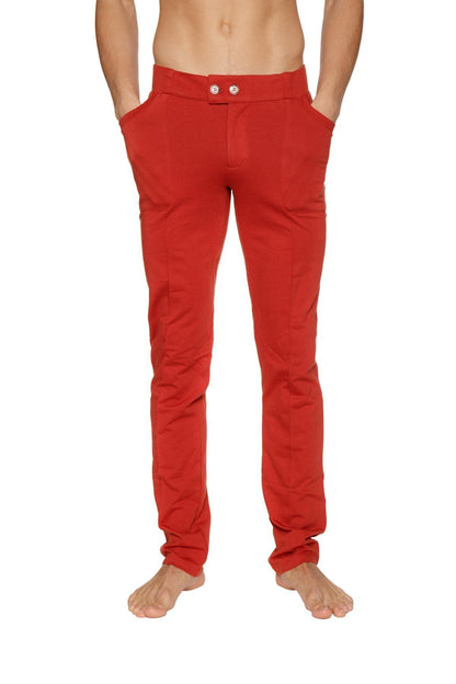 Red slim-fit tactical urban dress pant yoga pant cinnabar with buttoned waistband and two front pockets