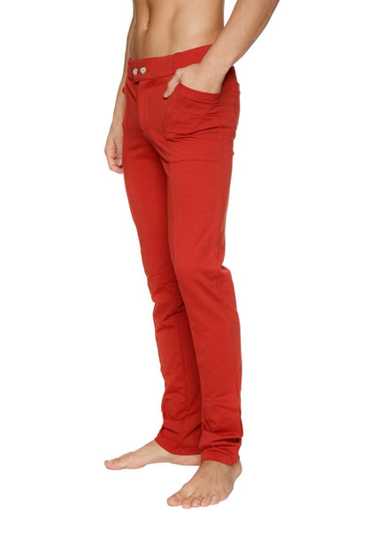 Red slim-fit tactical urban at home dress pant yoga pant in cinnabar with button closure at the waist
