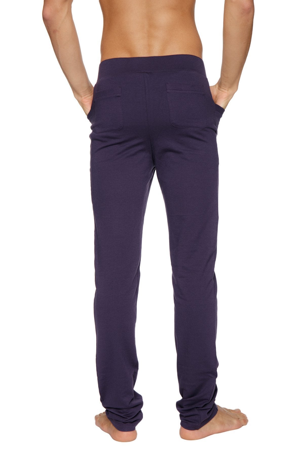 Back view of navy blue tactical urban at home dress pant yoga pant with stretchy fabric elastic waistband and two back pockets