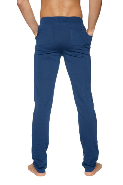 Back view of navy blue stretchy tactical urban at home dress pant yoga pant with two back pockets