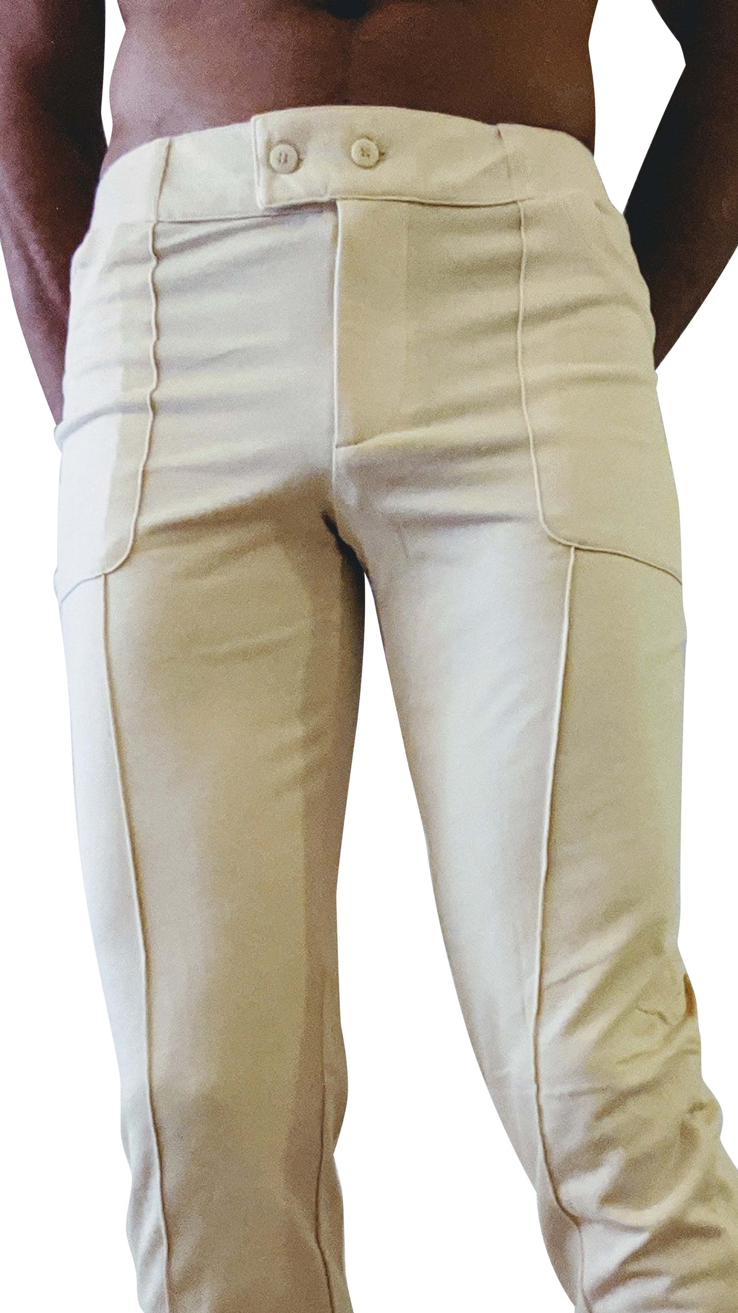 Beige tactical urban at home dress pant yoga pant with tailored fit two front buttons and seam detailing
