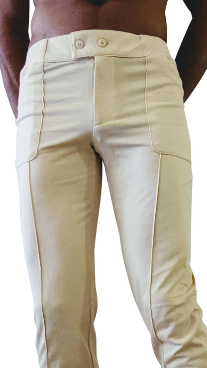 Beige tactical urban at home dress pant yoga pant with tailored fit two front buttons and seam detailing