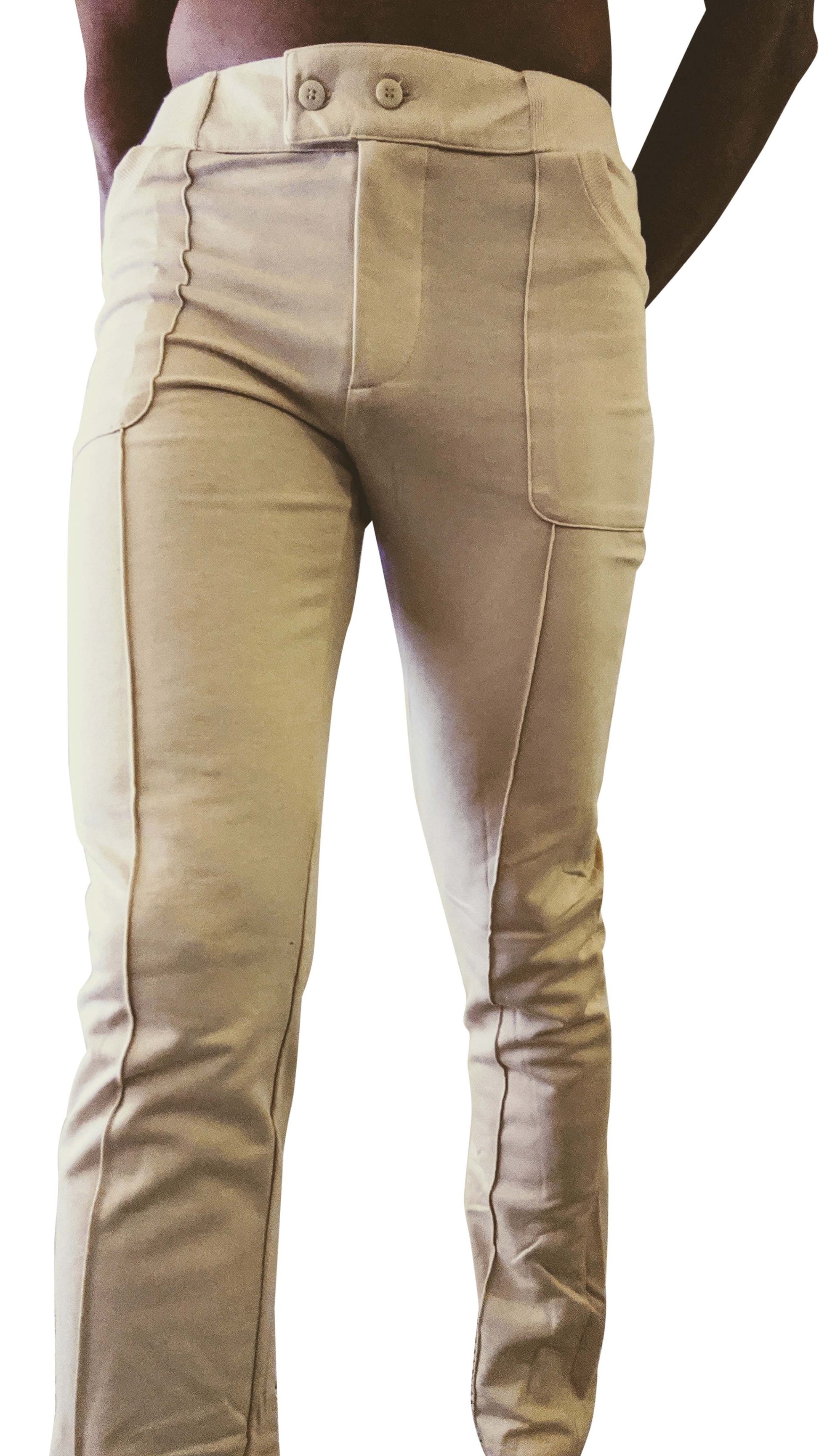 Khaki-colored slim-fit tactical urban at home dress pant yoga pant with buttoned waistband and visible stitching details