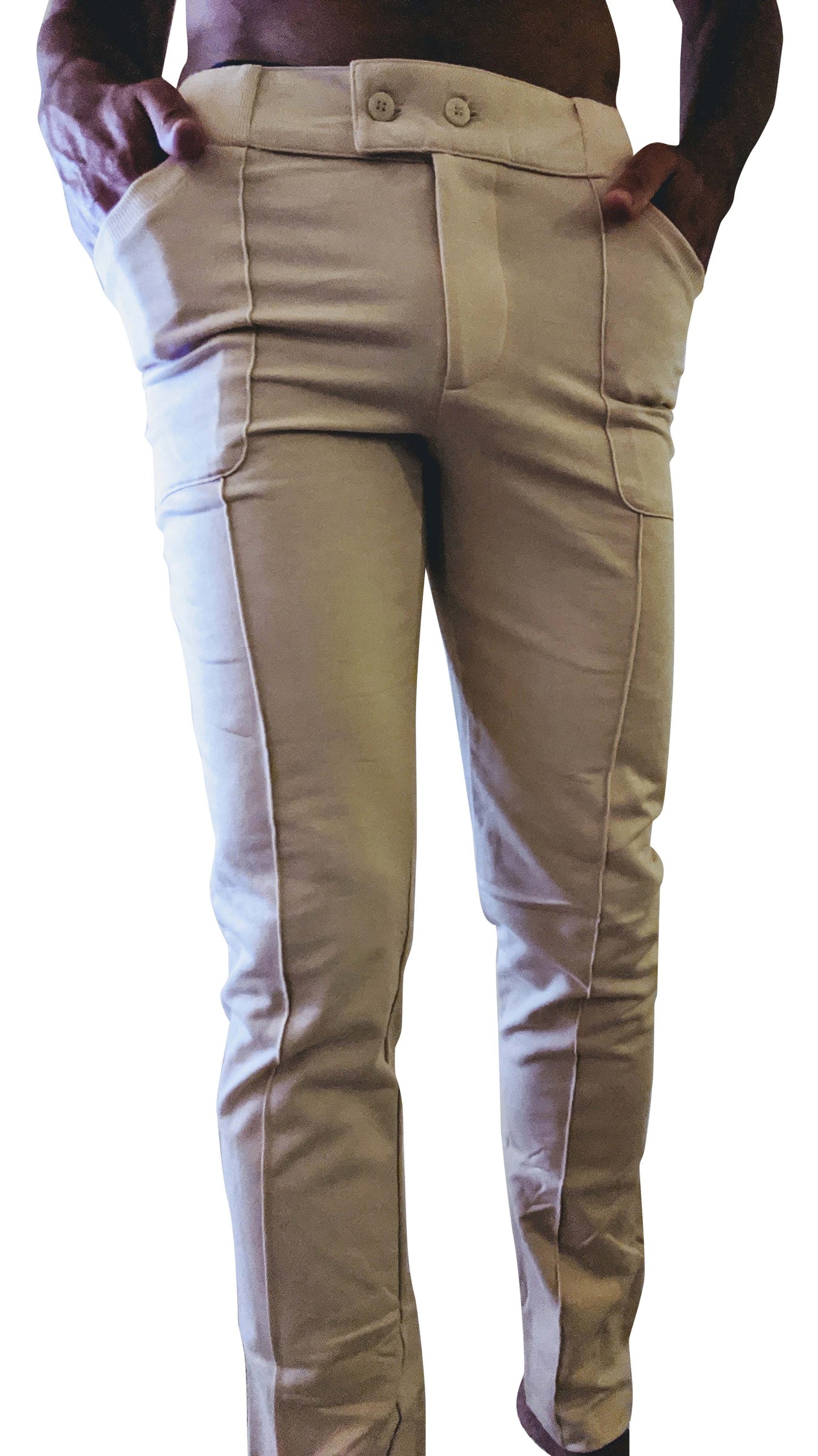 Beige tactical urban at home dress chino pants with buttoned waistband and side pockets for yoga and casual wear