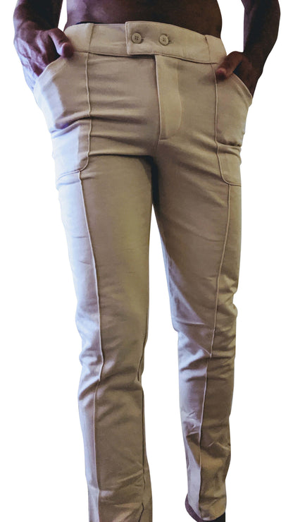 Beige tactical urban at home dress chino pants with buttoned waistband and side pockets for yoga and casual wear