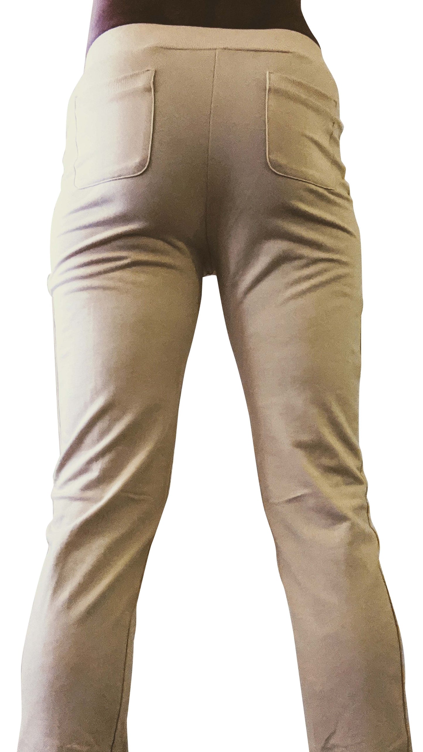 Beige tactical urban at home dress yoga pants back view with stretchy fabric two back pockets and elastic waistband