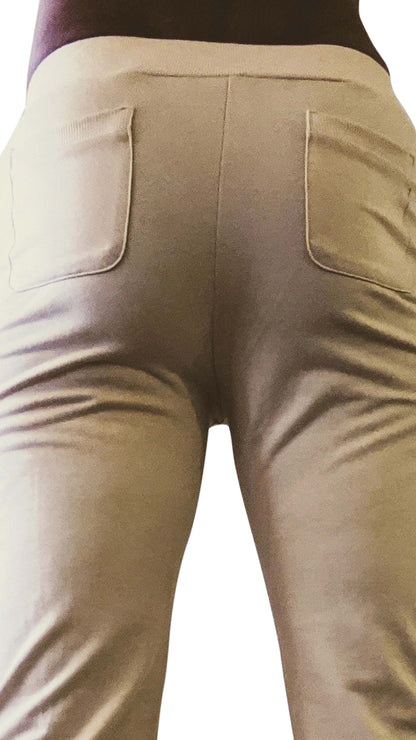 Beige tactical urban at home dress pant yoga pant shown from back with two pockets and fitted waistband