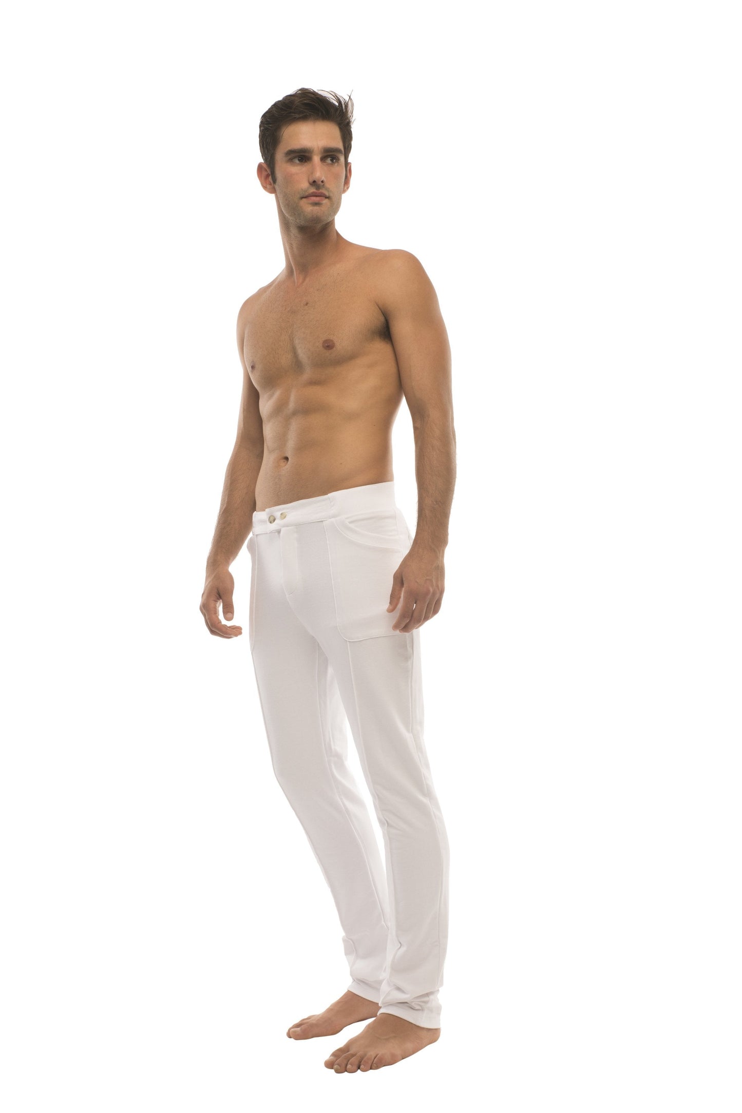 White men’s slim-fit tactical urban dress pants with minimalist design suitable for yoga and home wear