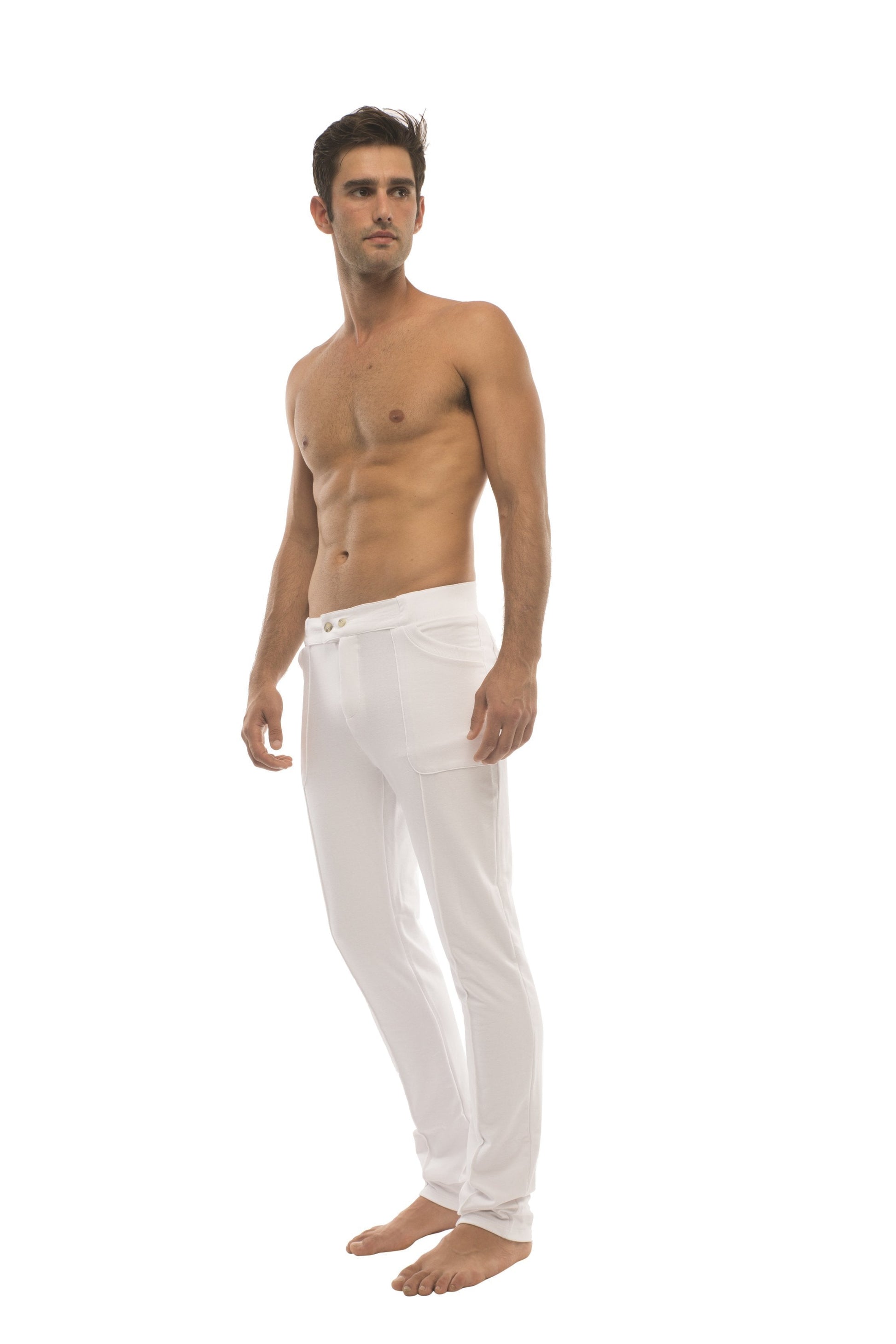 White men’s slim-fit tactical urban dress pants with minimalist design suitable for yoga and home wear