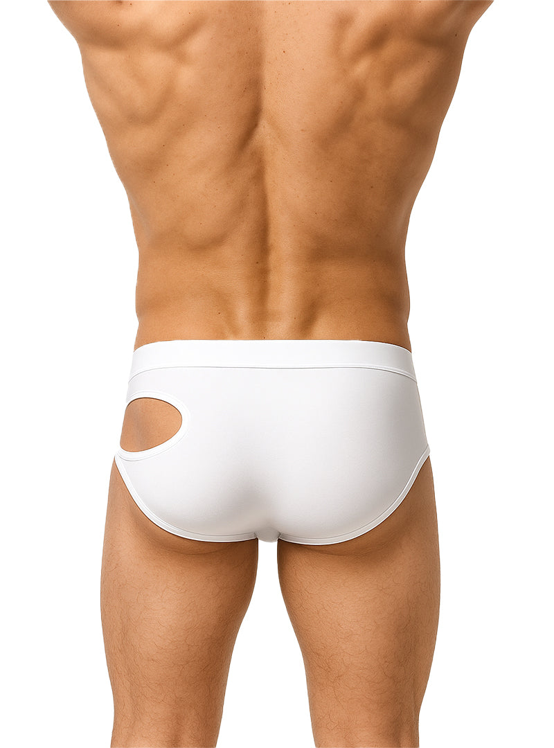 White briefs with a cutout design on the side from tartarus featuring soft breathable fabric for everyday comfort