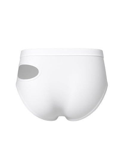 White brief underwear with a gray oval side cutout from the tartarus cut out brief collection