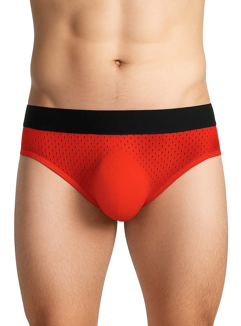 Red mesh briefs with a black waistband from tartarus mesh jock featuring breathable mesh material