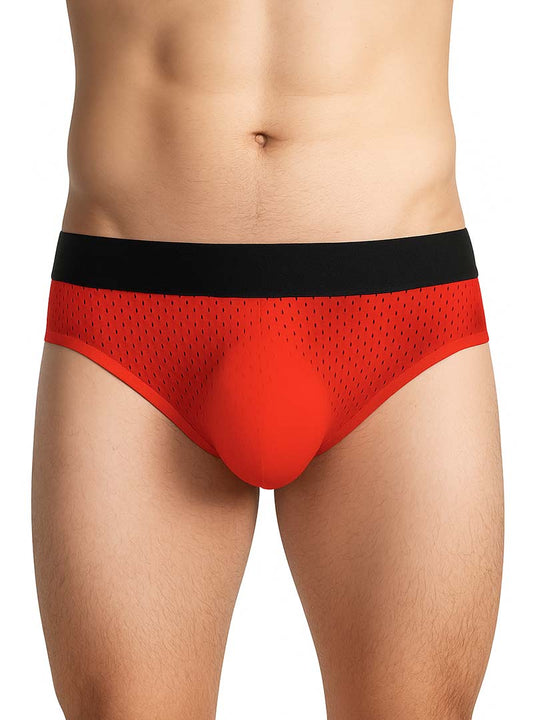 Red mesh briefs with a black waistband from tartarus mesh jock featuring breathable mesh material