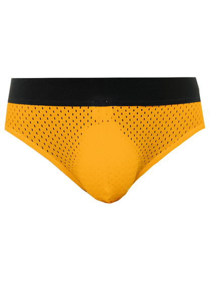 Yellow tartarus mesh jock briefs with black waistband made of breathable mesh fabric for comfortable wear