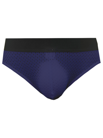 Navy blue mesh briefs with black elastic waistband showing the back side of tartarus mesh jock
