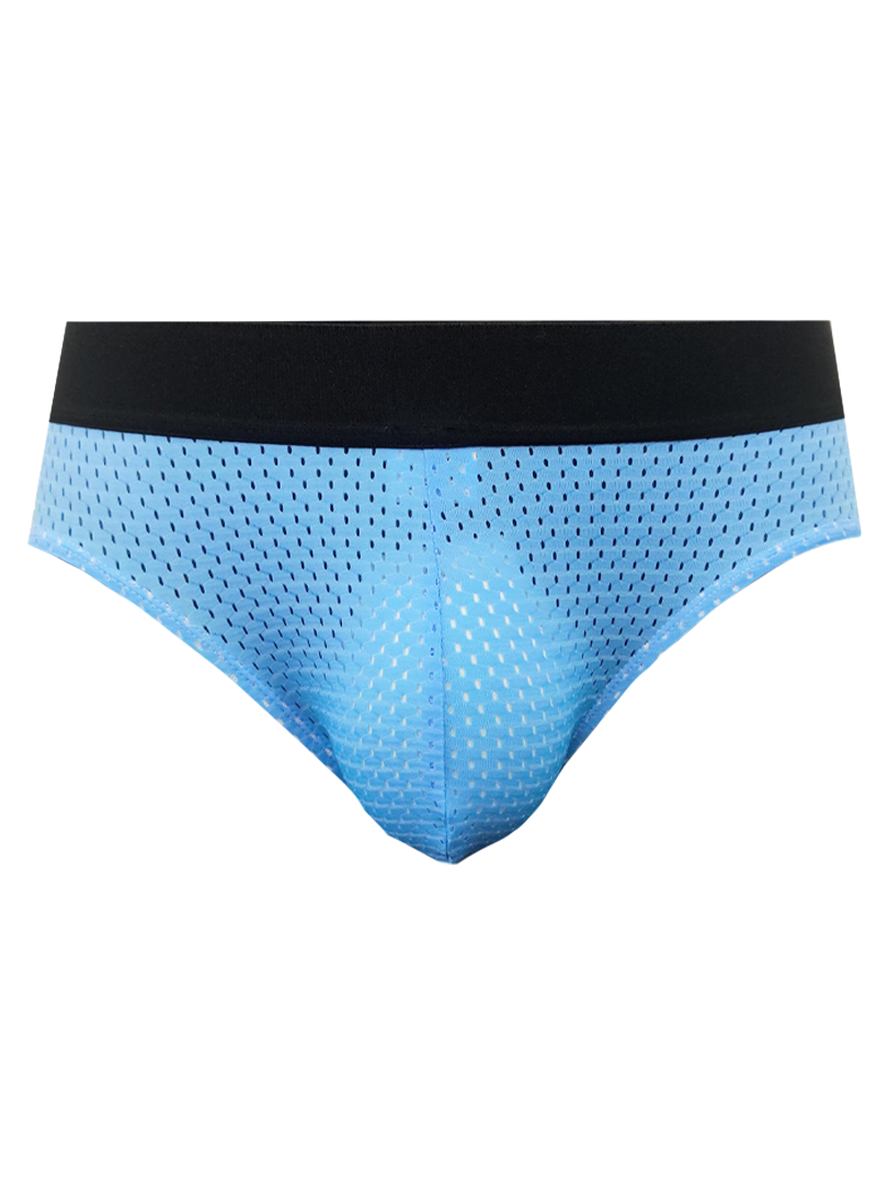 Light blue mesh briefs with a black waistband from tartarus mesh jock showing the front side of the product