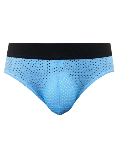 Light blue mesh briefs with a black waistband from tartarus mesh jock showing the front side of the product