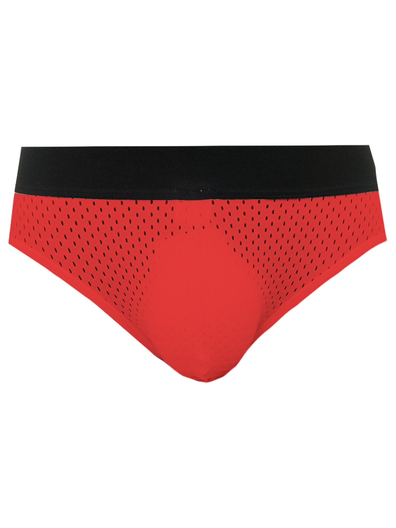 Red mesh briefs with a black waistband from tartarus mesh jock highlighting breathable mesh material
