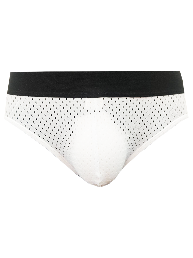 White mesh briefs with black elastic waistband from tartarus mesh jock collection front view