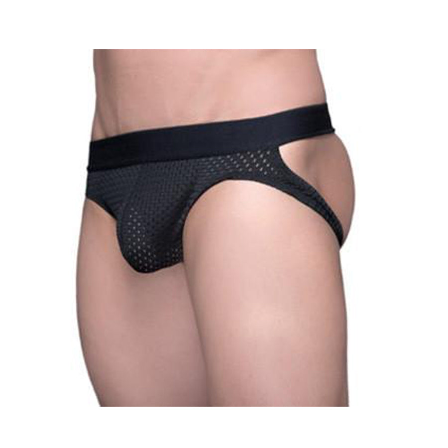 Black mesh briefs tartarus mesh jock with solid waistband showcasing breathable mesh fabric and supportive design