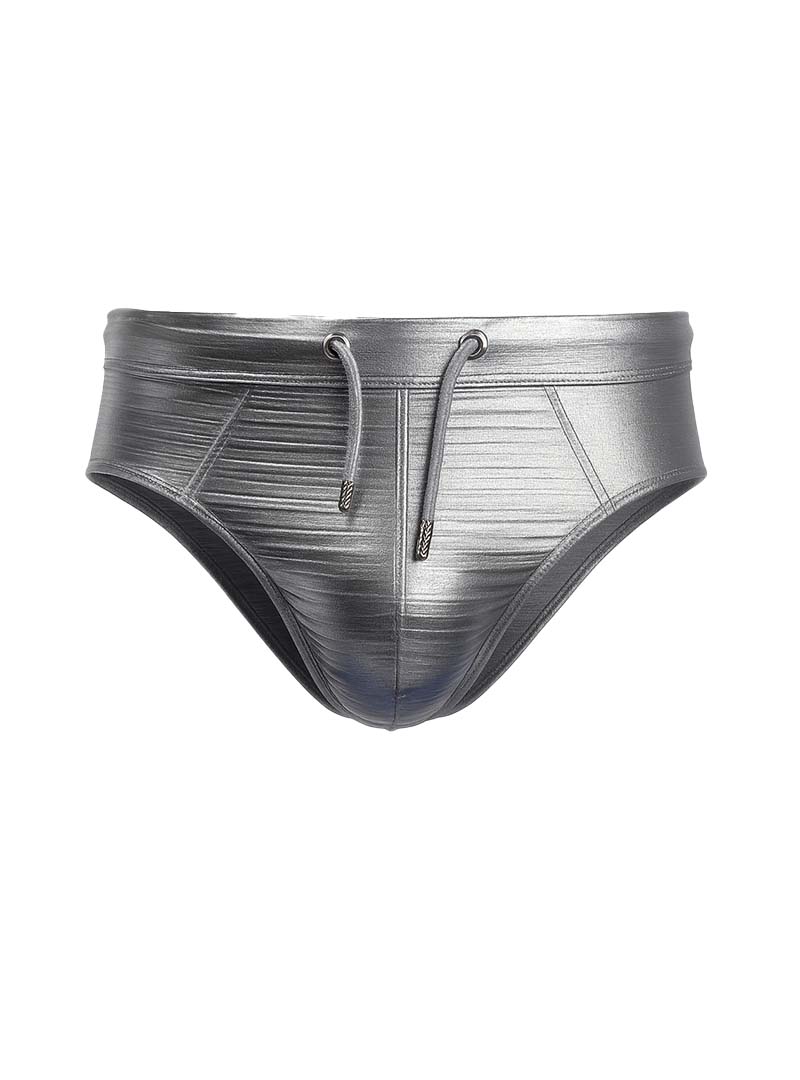 Tartarus metallic brief shiny metallic silver swim trunks with textured ribbed pattern and matching drawstrings