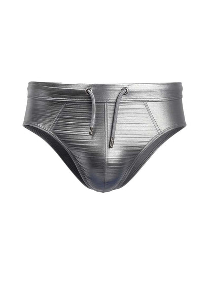 Tartarus metallic brief shiny metallic silver swim trunks with textured ribbed pattern and matching drawstrings