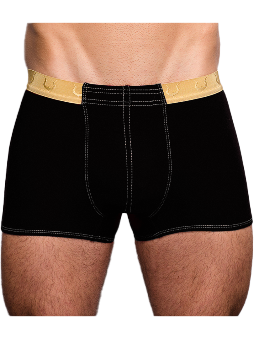 Black boxer briefs tartarus monaco trunk with gold elastic waistband featuring horseshoe patterns and white stitching