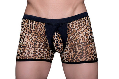 Tartarus peakaboo trunk leopard-print mesh briefs with black elastic waistband and leg openings front view