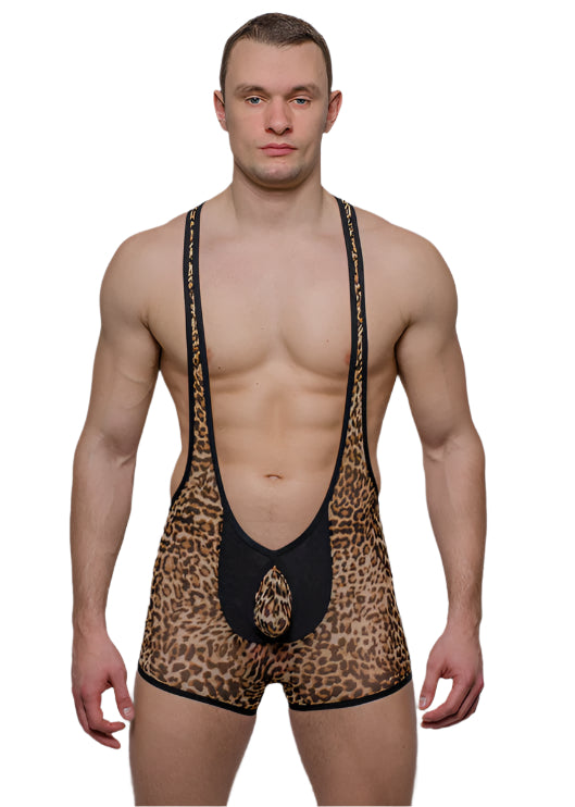 Tartarus peakaboo wrestler leopard-print wrestling singlet with black trim and matching front pouch