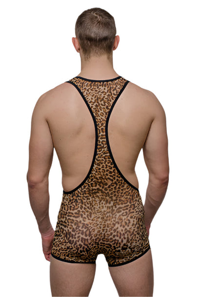 A leopard-print wrestling singlet with black trim and racerback design for tartarus peakaboo wrestler