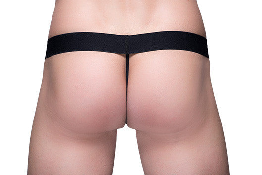 Black tartarus ring g-string thong made of stretchy fabric with a smooth seamless design shown from the back