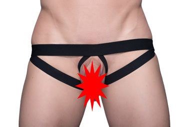Black thong tartarus ring jock with red starburst graphic in the center designed for bold statement wear