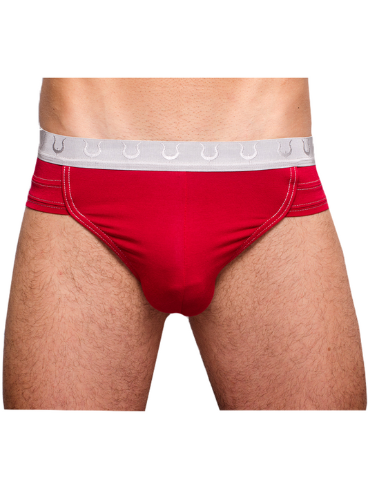 Tartarus rio brief red men’s briefs with white elastic waistband featuring repeating horseshoe logo design