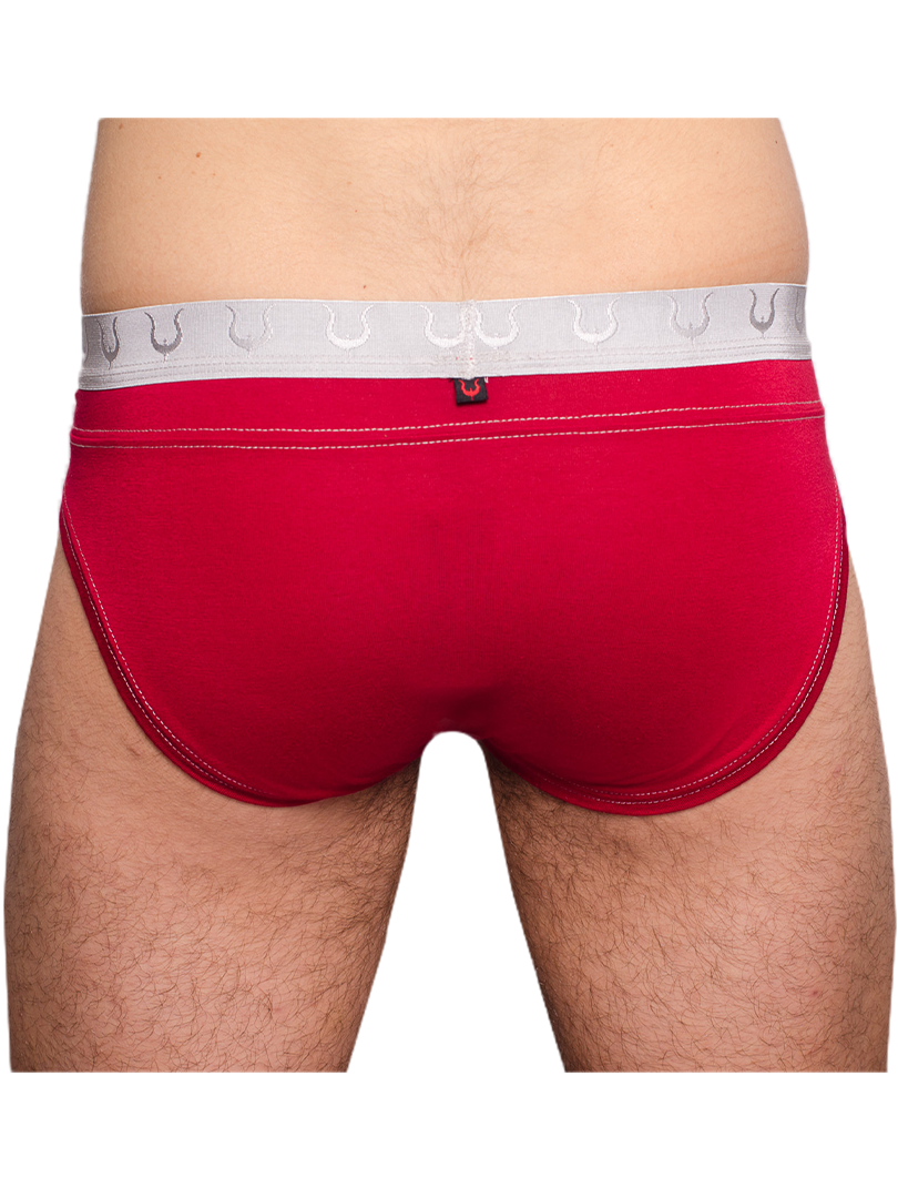Red mens briefs tartarus rio brief with white elastic waistband silver horseshoe patterns and red edge stitching