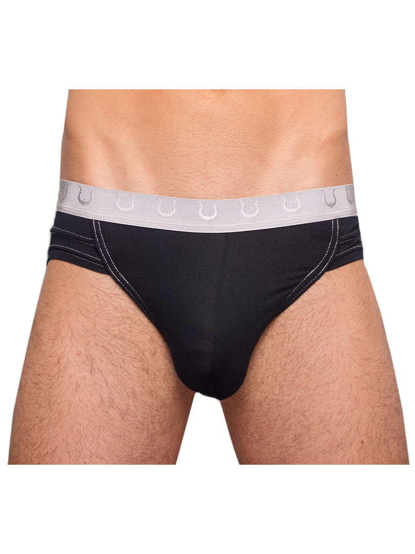Black tartarus rio brief with white elastic waistband featuring repeating horseshoe pattern front view