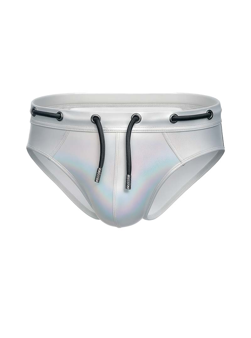 Silver holographic swim trunks tartarus side track metallic brief with black drawstrings and metal eyelets