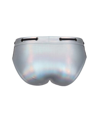 Silver holographic metallic brief swim trunks with black lace-up ties at the waist tartarus side track style