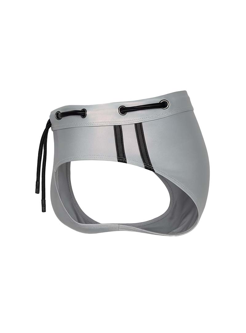 Gray swim trunks with black side stripes and adjustable drawstrings from tartarus side track metallic brief collection