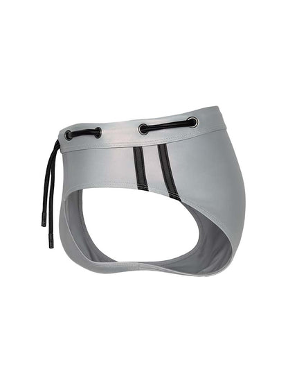 Gray swim trunks with black side stripes and adjustable drawstrings from tartarus side track metallic brief collection